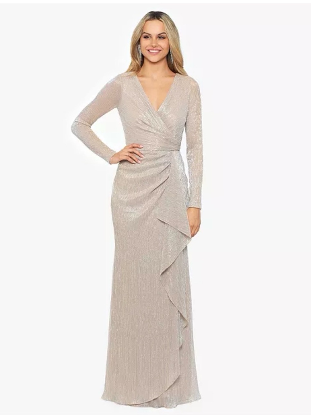 Betsy & Adam Metallic Ruffled Gown - 10 Champagne Gold Formal NWT